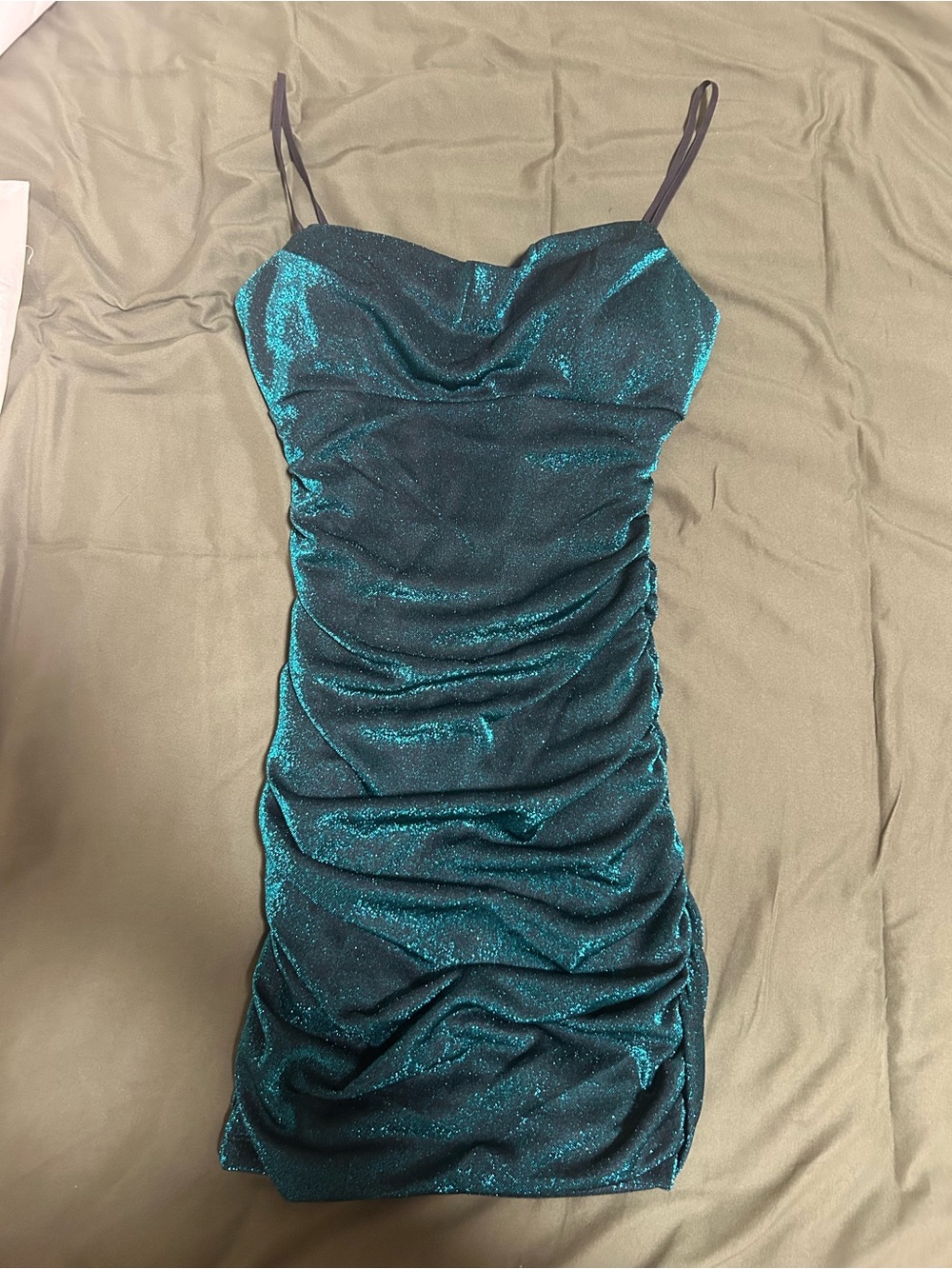 Macy's Teal Shimmer Ruched Slip Mini Dress
